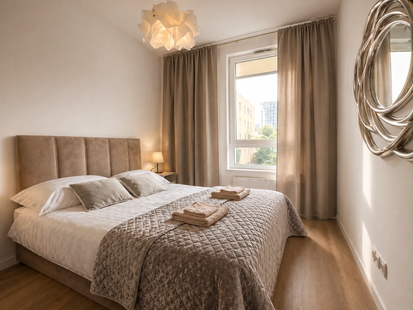 Apartament blisko morza — sypialnia główna z łóżkiem king-size